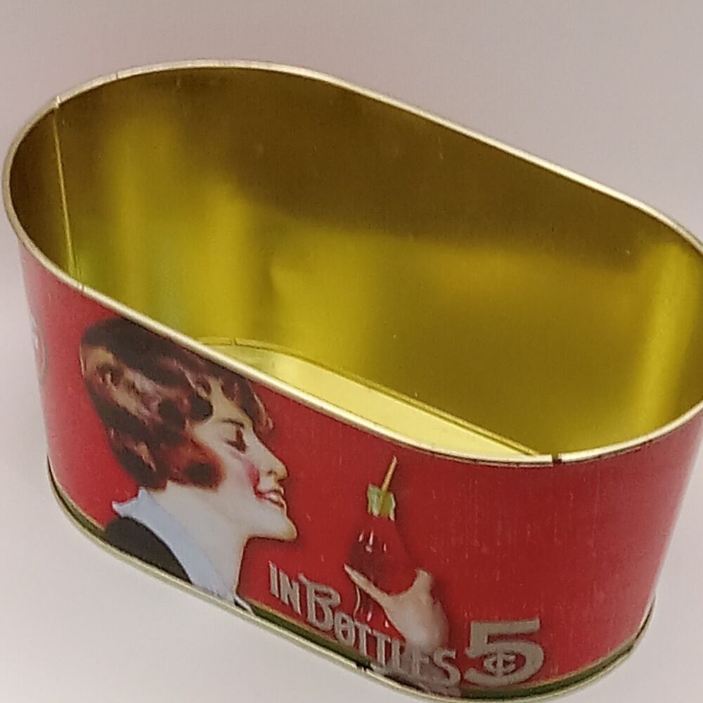 Cola COKE RED Oval Tin Metal 8.5" Tub Brown Hair Lady Holding Soda Glass graphic